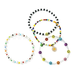 4Pcs 4 Style Natural Pearl & Smiling Face Acrylic & Glass Seed Stretch Bracelets Set, Alloy Enamel Flower Charms Stackable Bracelets for Women, Mixed Color, Inner Diameter: 2-3/8 inch(6cm), 1Pc/style(BJEW-TA00238)