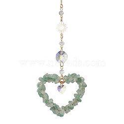 Heart Natural Green Aventurine Chip Pendant Drcorations, Octagon Glass Suncatchers with Brass Sun, 230mm(HJEW-JM01651-03)