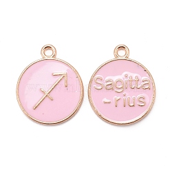 Alloy Enamel Pendants, Cadmium Free & Lead Free, Flat Round with Constellation, Light Gold, Pink, Sagittarius, 22x18x2mm, Hole: 1.5mm(X-ENAM-S124-01A-09F)