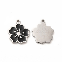 304 Stainless Steel Enamel Charms, Sakura, Black, 14x12x1mm, Hole: 1.2mm(STAS-F291-06P-01)