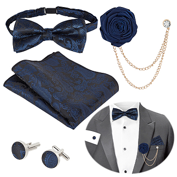 Polyester Satin Bow Tie for Men, with Handkerchief and Iron Cufflink, and Rose Alloy Hanging Chain Brooches, Prussian Blue