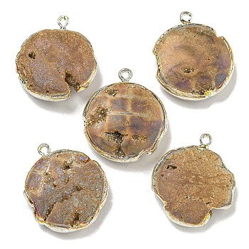 Electroplated Natural Druzy Agate Pendants, Brass Flat Round Charms, Silver Color, BurlyWood, 29~30x24~26x7.5~9mm, Hole: 1.8mm