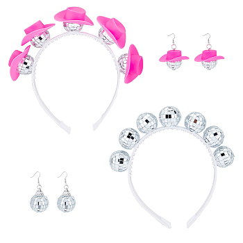 Bling Glass Disco Ball & Plastic Cap 2 Pairs Dangle Earrings & 2Pcs Hair Band, Platinum Alloy Jewelry Set for Women, Mixed Color, 57~61mm, Pin: 0.8mm, 163~165x163~190x26.5~46mm