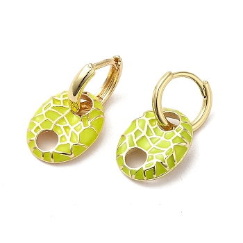 Oval Real 18K Gold Plated Brass Dangle Hoop Earrings, with Enamel, Green Yellow, 21.5x11.5mm