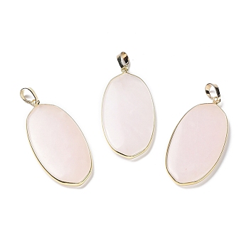 Natural Rose Quartz Pendants, with Rack Plating Light Gold Tone Brass Findings, Cadmium Free & Lead Free, Oval Charms, 48x22x4.5mm, Hole: 8x5mm