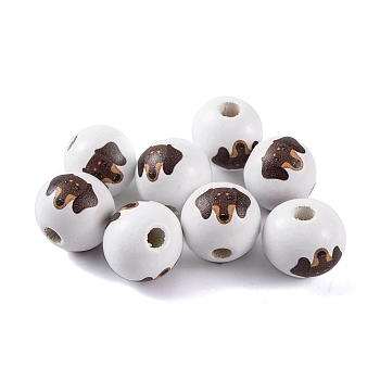 Wood European Beads, Round with Dog Pattern, White, 16x15mm, Hole: 4.5mm