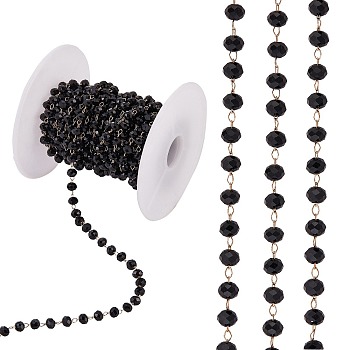 Glass Faceted Rondelle Beaded Chain, Golde Plated Brass Cable Chains, Soldered, with Spool, for Jewelry Making, Black, 4mm, about 16.40 Feet(5m)/Roll
