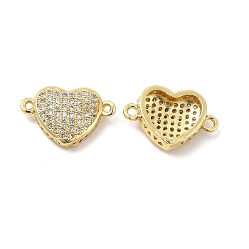 Brass Micro Pave Clear Cubic Zirconia Connector Charms, Heart Links, Real 18K Gold Plated, 10x16x4mm, Hole: 1.4mm