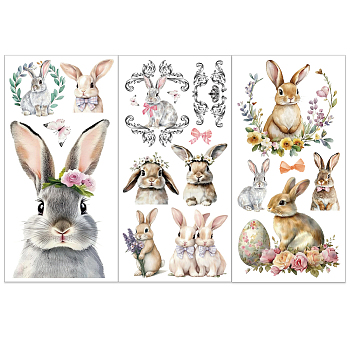 3 Sheets 3 Styles PVC Waterproof Decorative Stickers, Self Adhesive Floral Decals for Furniture Decoration, Rabbit, 300x150mm, 1 sheet/style