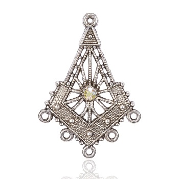 Alloy Chandelier Components Links, with Crystal AB Rhinestone, Rhombus, Antique Silver, 46x32x4mm, Hole: 1.5mm & 2mm