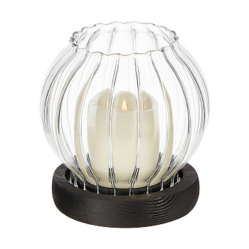 Grooved Rondelle Glass Candle Holder, with Wood Base, Candle Bell Jar, Home Tabletop Centerpiece Decoration, Clear, 10.1x10.7cm, Inner Diameter: 3.6cm