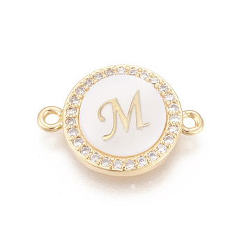 Brass Micro Pave Cubic Zirconia Links, with Shell, Long-Lasting Plated, Lead Free & Cadmium Free & Nickel Free, Real 18K Gold Plated, Flat Round with Letter, Clear, Letter.M, 13.5x18.5x4.5mm, Hole: 1.4mm