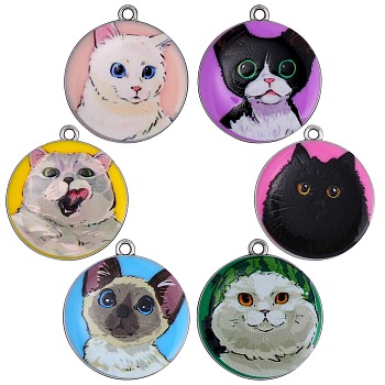 18Pcs 6 Style Printed Alloy Pendants, Platinum, Flat Round with Cat Charm, Mixed Color, 28x25x3mm, Hole: 1.8mm, 3pcs/style