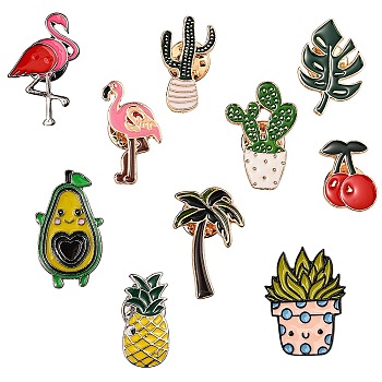 10Pcs 10 Style Alloy Enamel Brooches, Enamel Pin, Avocado & Catus & Leaf & Cherry & Butterfly & Flamingo, Light Gold, Cadmium Free & Nickel Free & Lead Free, Mixed Color, 18~31x14~21x2mm, 1pc/style