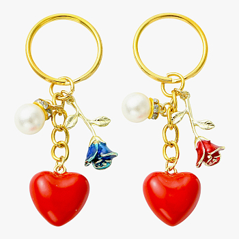2Pcs Alloy & Brass & Acrylic Pearl Keychains, with Iron Rings, Heart, Golden, 73mm