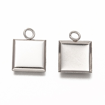 304 Stainless Steel Pendant Cabochon Settings, Plain Edge Bezel Cups, Square, Stainless Steel Color, Tray: 10x10mm, 15x11x1.5mm, Hole: 2.5mm