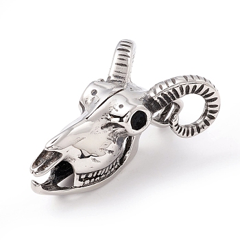 Tibetan Style 304 Stainless Steel Pendants, Cow Skull, Antique Silver, 44x28.5x17.5mm, Hole: 8x5.5mm