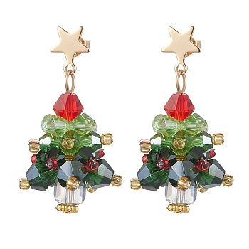 Glass Dangle Earrings, with 304 Stainless Steel Findings, Christmas Tree, Dark Green, Golden, 38x18mm