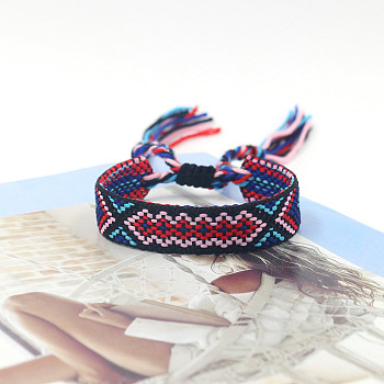 Polyester Braided Rhombus Pattern Cord Bracelet, Ethnic Tribal Adjustable Brazilian Bracelet for Women, Black, 5-7/8 inch(15cm)
