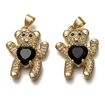 Brass Micro Pave Cubic Zirconia Pendants, Long-Lasting Plated, Real 18K Gold Plated, Inlay Bear Shape, Black, 23x18x5.5mm, Hole: 3.5mm