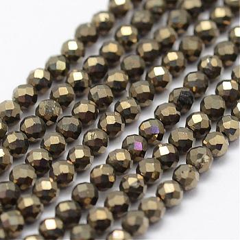 Natural Pyrite Beads Strands, Faceted, Round, 2mm, Hole: 0.5mm, about 175pcs/strand, 14.9 inch(38cm)