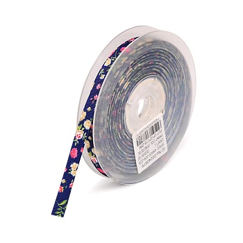 Floral Single-sided Printed Polyester Grosgrain Ribbons, Midnight Blue, 3/8 inch(9mm), about 100yards/roll(91.44m/roll)