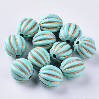 Acrylic Beads, Metal Enlaced, Plating Acrylic Beads, Golden Metal Enlaced, Corrugated Beads, Dark Turquoise, 17x16.5mm, Hole: 2.5mm, about 215pcs/500g