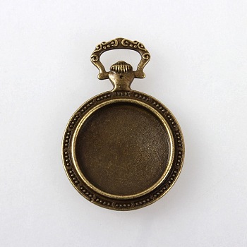 Vintage Tibetan Style Alloy Pendant Cabochon Settings, Plain Edge Bezel Cups, Cadmium Free & Nickel Free & Lead Free, Antique Bronze, Flat Round Tray: 20mm, 39x27x4mm, Hole: 9x4mm, about 142pcs/kg