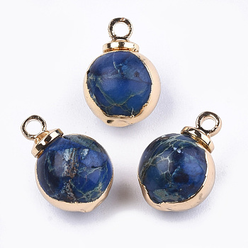 Natural Regalite/Imperial Jasper/Sea Sediment Jasper Charms, with Brass Findings, Round, Golden, Steel Blue, 12x9x8.5mm, Hole: 1mm