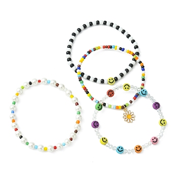 4Pcs 4 Style Natural Pearl & Smiling Face Acrylic & Glass Seed Stretch Bracelets Set, Alloy Enamel Flower Charms Stackable Bracelets for Women, Mixed Color, Inner Diameter: 2-3/8 inch(6cm), 1Pc/style