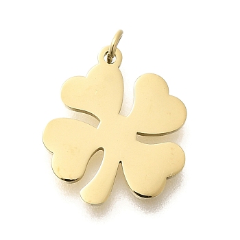 Ion Plating(IP) 304 Stainless Steel Charms, with Jump Ring, Clover Charm, Real 14K Gold Plated, 13.5x12x1mm, Hole: 2.5mm