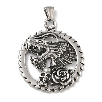 304 Stainless Steel Big Pendants, Dragon Skull Charm, Antique Silver, 50x42x5.3mm, Hole: 7x3.5mm