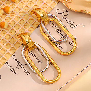 304 Stainless Steel Stud Dangle Earrings, Oval, Golden & Stainless Steel Color, 55x19mm
