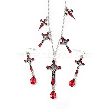 FireBrick Enamel Crucifix Cross with Plastic Teardrop Pendant Necklace & Dangle Earrings(SJEW-G081-02AS)-2