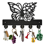 Wood & Iron Wall Mounted Hangers, Decorative Organizer Rack, with 2Pcs Screws, 5 Hooks for Bag Clothes Key Scarf Hanging Holder, Butterfly, 200x300x7mm.(HJEW-WH0055-146)