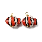 Handmade Porcelain Pendants, Fish Charms, with Brass Findings, Hand Painted, Real 18K Gold Plated, Red, 18.5~19.5x18~18.5x8.5~9mm, Hole: 2.5~3mm(PR-CBA0027-11G-07)