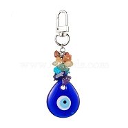 Evil Eye Blue Glass Pendant Decooration, 7 Chakra Natural & Synthetic Gemstone Chip Beads & Swivel Clasps Charms for Bag Ornaments, Teardrop, 95mm(HJEW-JM01967-01)