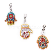Acrylic Diamond Painting Hamsa Hand Pendant Keychain Kits, with Iron Findings, including Point Drill Plate, Point Drill Mud, Point Drill Pen, Ball Chain, Swivel Clasp, Mixed Color, 7~8cm, 3pcs/set(PW-WG42451-01)