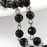 Handmade Faceted Round Transparent Glass Beads Chains for Necklaces Bracelets Making, with Gunmetal Tone Brass Eye Pin, Unwelded, Black, 39.3 inch, about 88pcs/strand(AJEW-JB00153-03)