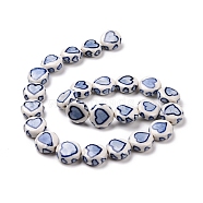 Handmade Porcelain Beads Strands, Blue and White Pocerlain, Flat Round with Heart Pattern, Dark Blue, 14~14.5x6.5~7mm, Hole: 1.8mm, about 25pcs/strand, 145.67''(370cm)(PORC-M538-04)