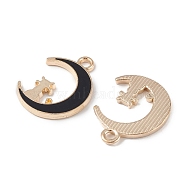 Alloy Enamel Pendants, Light Gold, Moon with Cat Charm, Black, 19.5x14.5x1.5mm, Hole: 2mm(ENAM-F145-01G-07)