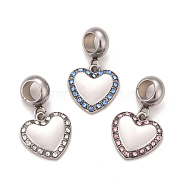 304 Stainless Steel Rhinestone European Dangle Charms, Large Hole Pendants, Stainless Steel Color, Heart, Mixed Color, 22.5mm, Hole: 4.5mm(STAS-F278-24P)