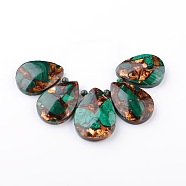 Assembled Synthetic Bronzite and Natural Malachite Pendants, teardrop, 30~35x22~25.5x7mm, Hole: 1mm, 5pcs/sets(G-F224-02)