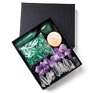 Natural Green Aventurine & Quartz Crystal & Amethyst Bullet & Heart & Nugget & Chips Gift Box, Display Decorations, Pocket Worry Stone, Reiki Energy Stone Ornament, with Wood Slice, Package Size: 135x110x30mm(WG94197-10)