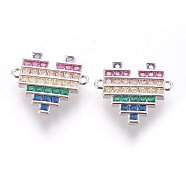 Eco-Friendly Brass Micro Pave Cubic Zirconia Links, Lead Free & Cadmium Free & Nickel Free, Heart, Colorful, Platinum, 18x20x2.9mm, Hole: 1.2mm(ZIRC-L076-008P-NR)