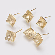 Brass Stud Earring Findings, with Loop, Rhombus, Nickel Free, Real 18K Gold Plated, 12x12mm, Hole: 1mm, Pin: 0.8mm(KK-R058-186G)