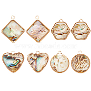 8Pcs 4 Styles Natural Paua Shell Pendants, Shell Charm, with Light Gold Alloy Findings, Round & Octagon & Rhombus & Heart Shpae, 14.5~19x13.5~16x3~5mm, Hole: 1.2~1.5mm, 2pcs/style(SHEL-BC0001-022)