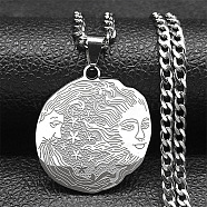 304 Stainless Steel Pendant Necklaces, Flat Round with Human Pattern, Stainless Steel Color, 23.46 inch(59.6cm)(NJEW-C042-06P)