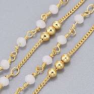 Handmade Brass Curb Chains, with Faceted Glass Links, Brass Beads and Spool, Soldered, Long-Lasting Plated, Real 18K Gold Plated, White, 1.7x1.3x0.4mm, Beads: 3.5x2.5~3mm and 3mm, about 32.8 Feet(10m)/roll(CHC-I035-02G-08)