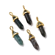 Natural Moss Agate Pendants, Faceted, with Golden Tone Brass Findings, Lead free & Cadmium Free, Bullet, 27~30x9~10x7~8mm, Hole: 4x3mm(G-K329-32G)